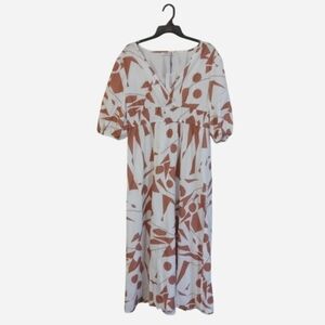 NWT Camel And White Printed Surplice Balloon Sleeve Dress